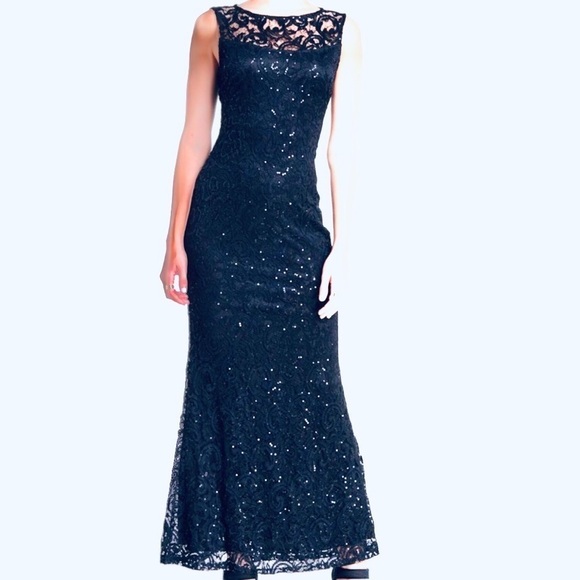 MARINA Navy Illusion Yoke Lace Gown Sequins Dress Size 8 NEW WITH TAG - Picture 10 of 15